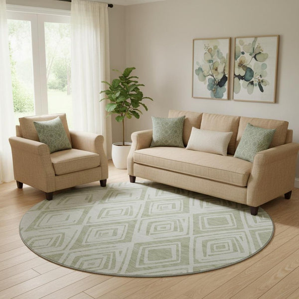 HomeRoots 8' Artichoke Green & Ivory Diamond Round Rug - Washable, UV Protected, Durable & Soft for Any Room 662184