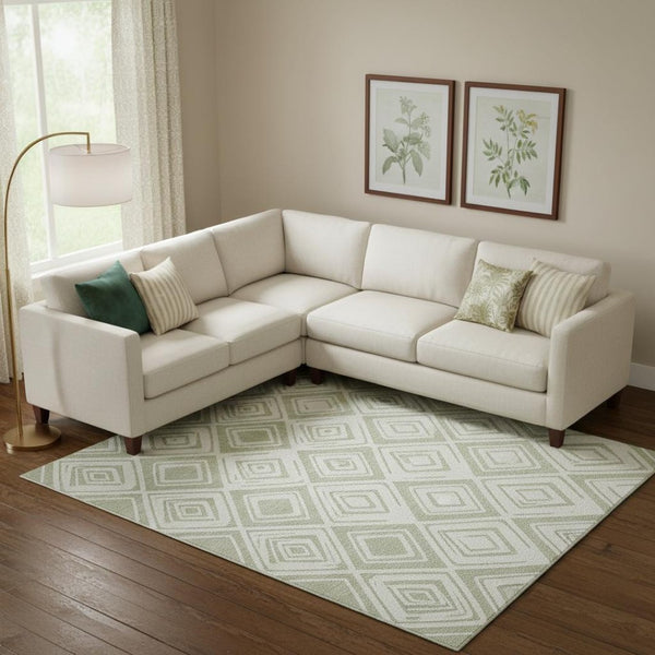HomeRoots 8' X 10' Artichoke Green & Ivory Diamond Area Rug - Washable, UV-Protected, Stain-Resistant Charm 662185