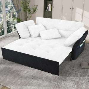 English Elm Convertible Pull Out Sofa Bed Queen Size with Steel Frame, Dual Armrests, Chenille Sleeper Couch with Storage and Casters White+Black W3163P269663