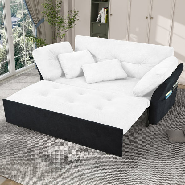 English Elm Convertible Pull Out Sofa Bed Queen Size with Steel Frame, Dual Armrests, Chenille Sleeper Couch with Storage and Casters White+Black W3163P269663