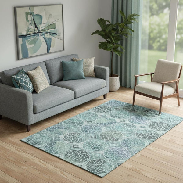 HomeRoots 5' X 8' Teal And Aqua Medallion Area Rug - Washable, UV-Protected, Perfect for Homes with Kids & Pets 662273