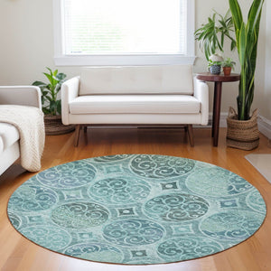 HomeRoots 8' Teal and Aqua Medallion Round Rug - Washable, UV-Protected, Durable Design for Indoor & Outdoor Use 662274