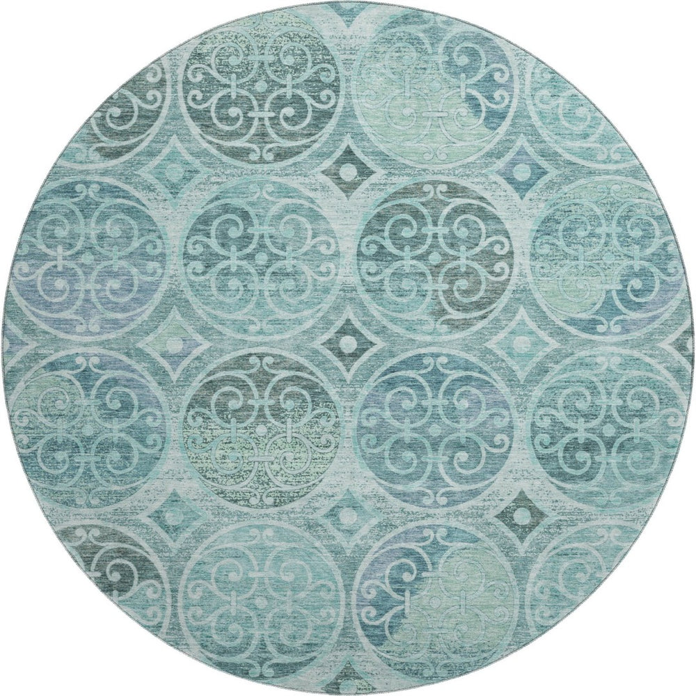 HomeRoots 8' Teal and Aqua Medallion Round Rug - Washable, UV-Protected, Durable Design for Indoor & Outdoor Use 662274
