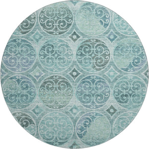 HomeRoots 8' Teal and Aqua Medallion Round Rug - Washable, UV-Protected, Durable Design for Indoor & Outdoor Use 662274