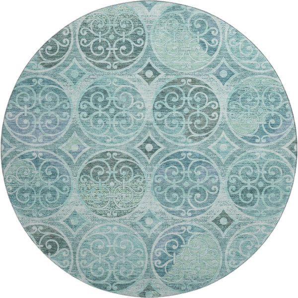 HomeRoots 8' Teal and Aqua Medallion Round Rug - Washable, UV-Protected, Durable Design for Indoor & Outdoor Use 662274