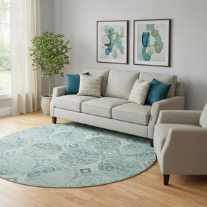 HomeRoots 8' Teal and Aqua Medallion Round Rug - Washable, UV-Protected, Durable Design for Indoor & Outdoor Use 662274