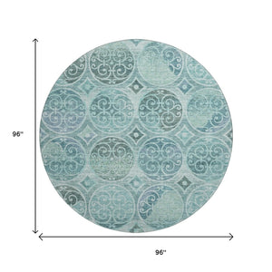 HomeRoots 8' Teal and Aqua Medallion Round Rug - Washable, UV-Protected, Durable Design for Indoor & Outdoor Use 662274