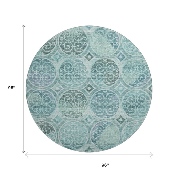 HomeRoots 8' Teal and Aqua Medallion Round Rug - Washable, UV-Protected, Durable Design for Indoor & Outdoor Use 662274