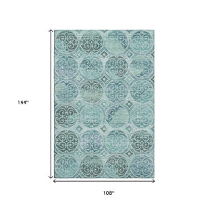 HomeRoots 9' X 12' Teal & Aqua Medallion Area Rug - Washable, UV Resistant, Stain-Proof for Busy Homes! 662276
