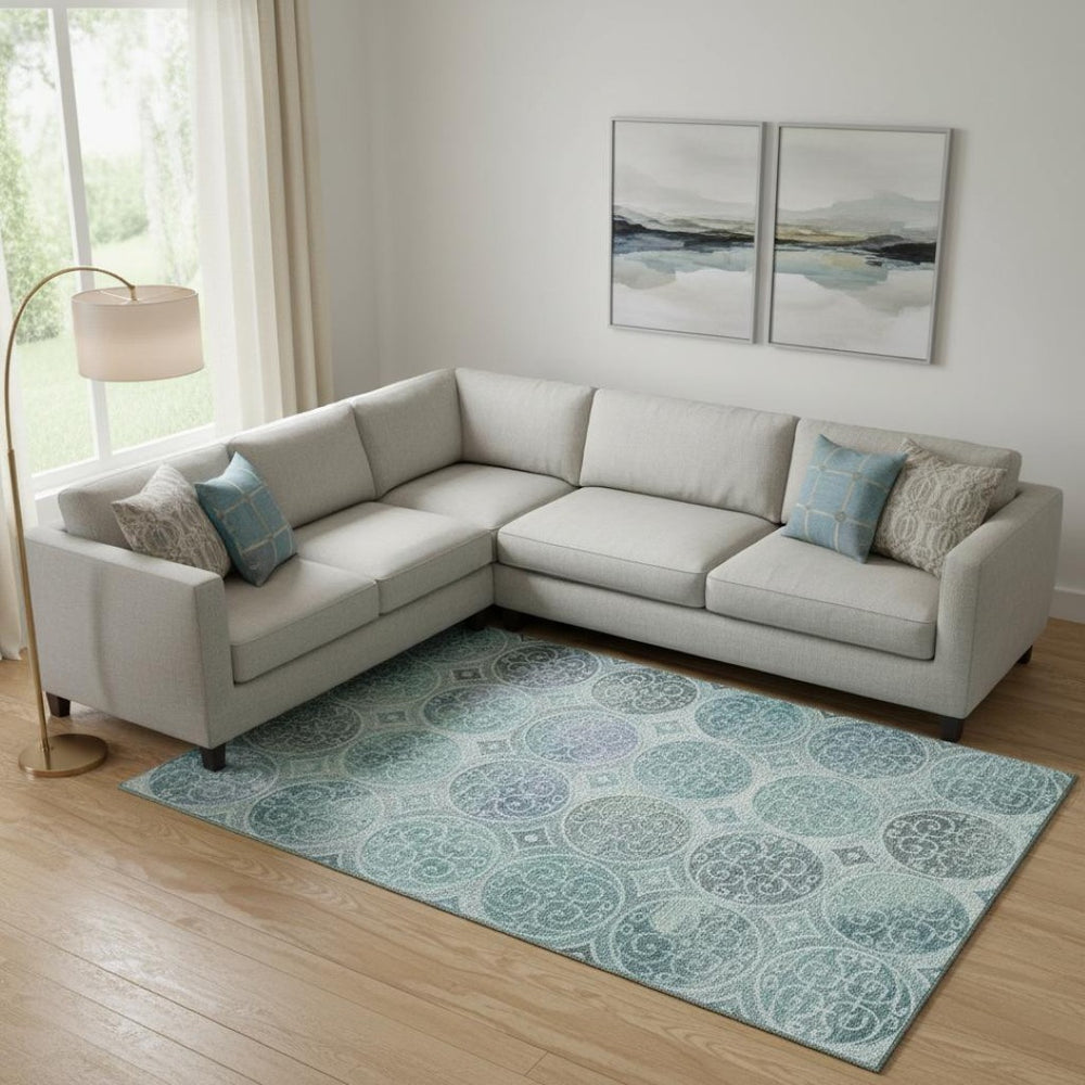 HomeRoots 9' X 12' Teal & Aqua Medallion Area Rug - Washable, UV Resistant, Stain-Proof for Busy Homes! 662276