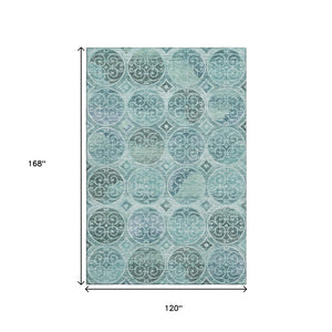 HomeRoots 10' Teal & Aqua Medallion Area Rug - Washable, UV Protected, Soft Polyester for Homes with Kids & Pets 662277