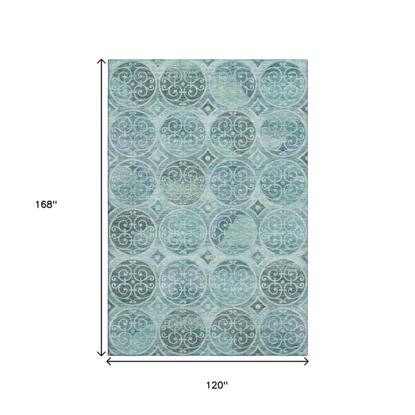 HomeRoots 10' Teal & Aqua Medallion Area Rug - Washable, UV Protected, Soft Polyester for Homes with Kids & Pets 662277