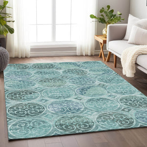 HomeRoots 10' Teal & Aqua Medallion Area Rug - Washable, UV Protected, Soft Polyester for Homes with Kids & Pets 662277