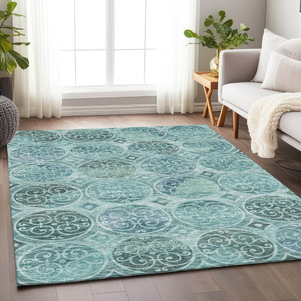 HomeRoots 10' Teal & Aqua Medallion Area Rug - Washable, UV Protected, Soft Polyester for Homes with Kids & Pets 662277