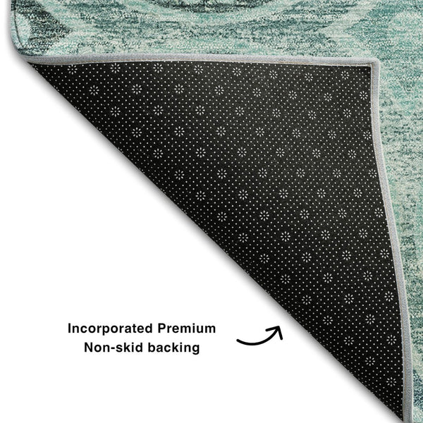 HomeRoots 10' Teal & Aqua Medallion Area Rug - Washable, UV Protected, Soft Polyester for Homes with Kids & Pets 662277