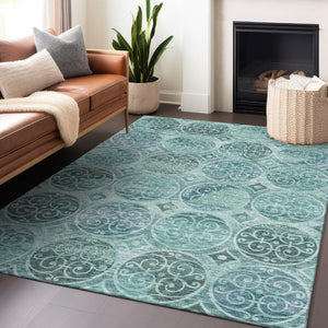 HomeRoots 10' Teal & Aqua Medallion Area Rug - Washable, UV Protected, Soft Polyester for Homes with Kids & Pets 662277