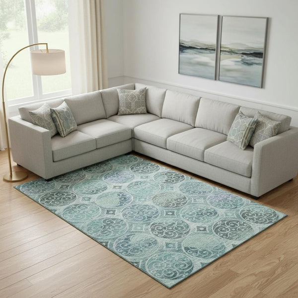 HomeRoots 10' Teal & Aqua Medallion Area Rug - Washable, UV Protected, Soft Polyester for Homes with Kids & Pets 662277