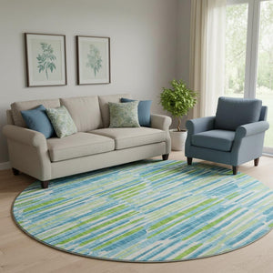 HomeRoots 8' Aqua Green & Ivory Abstract Round Rug - Washable, UV Protected, Stain Resistant for Easy Care 662280