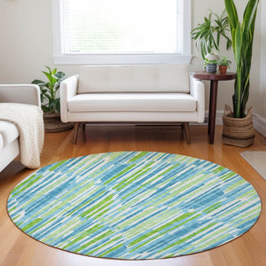 HomeRoots 8' Aqua Green & Ivory Abstract Round Rug - Washable, UV Protected, Stain Resistant for Easy Care 662280