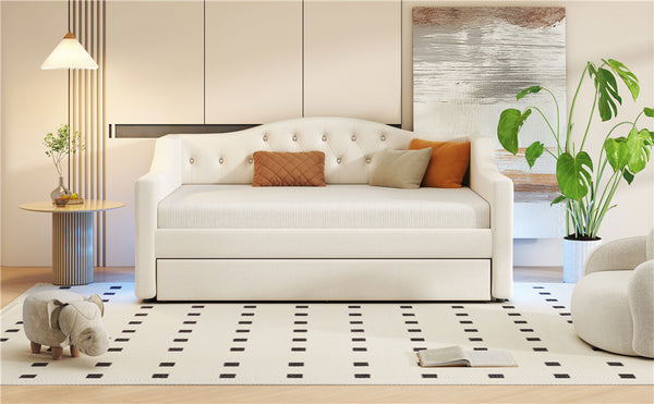 English Elm Upholstered Full XL Daybed with LED Belt and Trundle, Linen Backrest, Modern Silhouette, 450lb Capacity Beige DL002059AAA