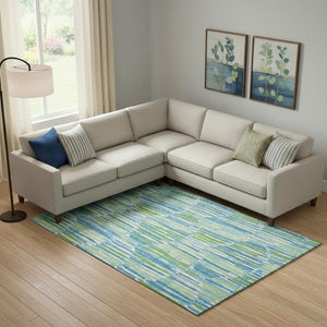 HomeRoots 10' Aqua Green & Ivory Abstract Area Rug - Washable, UV-Protected, Stain-Resistant for High-Traffic Areas 662283