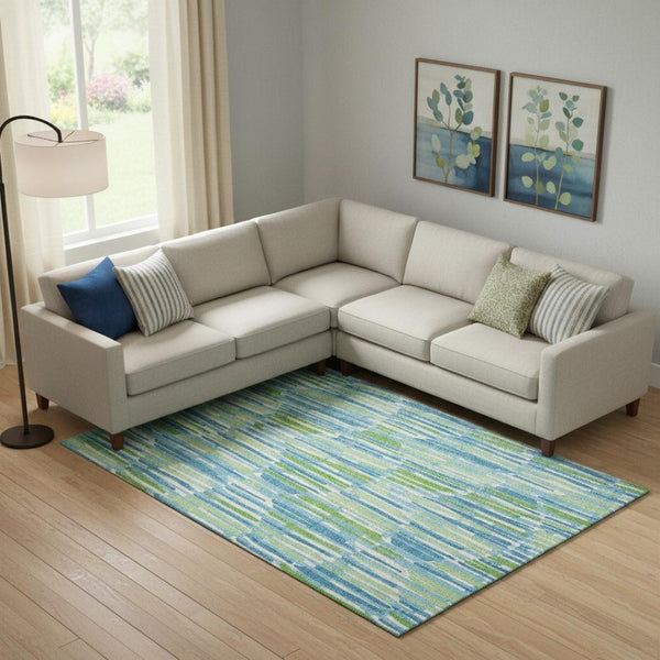 HomeRoots 10' Aqua Green & Ivory Abstract Area Rug - Washable, UV-Protected, Stain-Resistant for High-Traffic Areas 662283