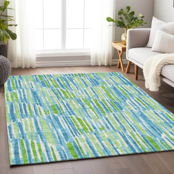 HomeRoots 10' Aqua Green & Ivory Abstract Area Rug - Washable, UV-Protected, Stain-Resistant for High-Traffic Areas 662283