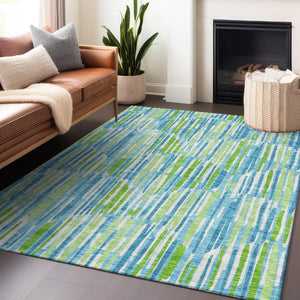 HomeRoots 10' Aqua Green & Ivory Abstract Area Rug - Washable, UV-Protected, Stain-Resistant for High-Traffic Areas 662283