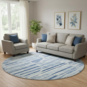HomeRoots 8' Blue and Ivory Abstract Round Rug - Washable, UV Protected, Durable for High-Traffic Spaces 662286