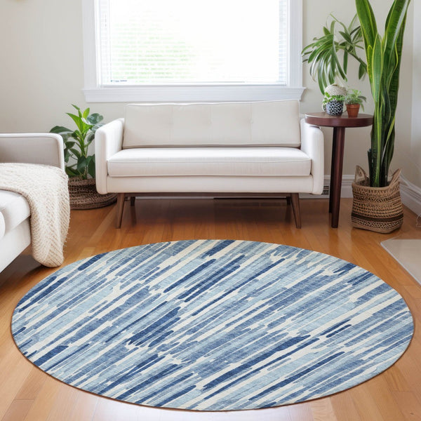 HomeRoots 8' Blue and Ivory Abstract Round Rug - Washable, UV Protected, Durable for High-Traffic Spaces 662286