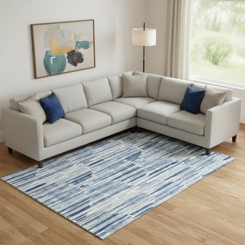 HomeRoots 8' X 10' Modern Blue and Ivory Abstract Area Rug - Washable, UV-Protected, Stain-Resistant Design 662287