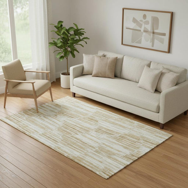 HomeRoots 5' X 8' Washable Area Rug in Gold Ivory Beige - Abstract Design, UV Protected & Stain Resistant! 662291