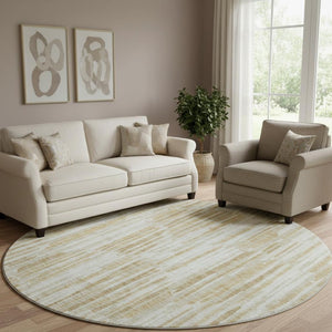 HomeRoots 8' Gold Ivory and Beige Abstract Washable Round Rug - UV Protected, Stain Resistant, Stylish Home Decor 662292