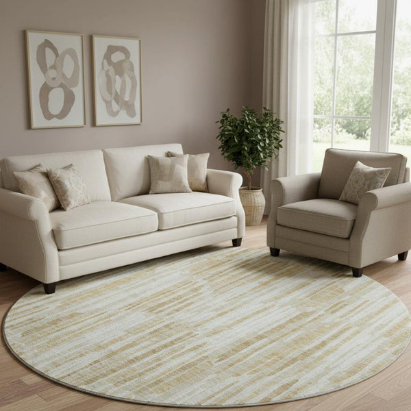 HomeRoots 8' Gold Ivory and Beige Abstract Washable Round Rug - UV Protected, Stain Resistant, Stylish Home Decor 662292