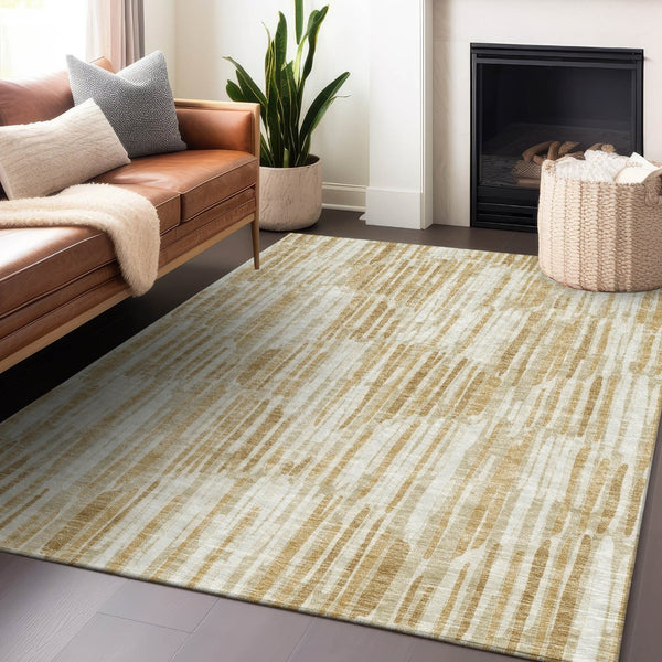 HomeRoots 10' x 14' Gold Ivory Beige Abstract Area Rug - Washable, UV Protected, Perfect for Modern Living Spaces 662295