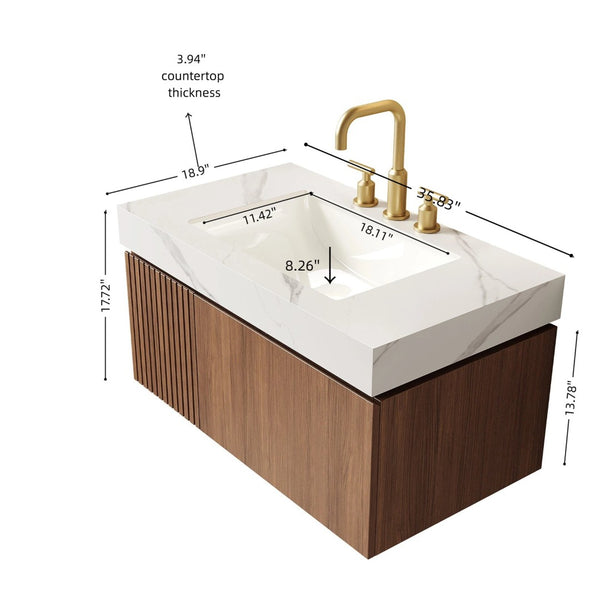 English Elm Muri Floating Bathroom Vanity Sintered Stone Top Oak Plywood Cabinet Soft Close W2615S00629
