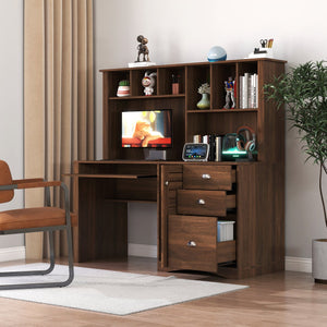 English Elm Home Office Computer Desk with Hutch, Antiqued Finish, Spacious Storage, Waterproof Scratchproof Surface Walnut W331S00186