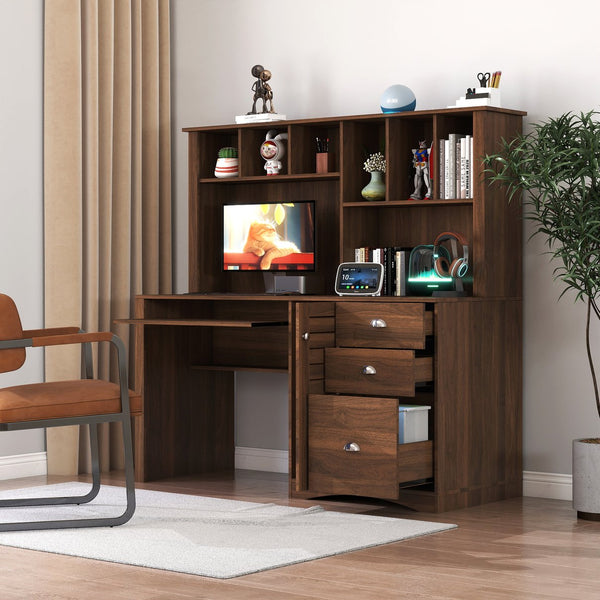 English Elm Home Office Computer Desk with Hutch, Antiqued Finish, Spacious Storage, Waterproof Scratchproof Surface Walnut W331S00186