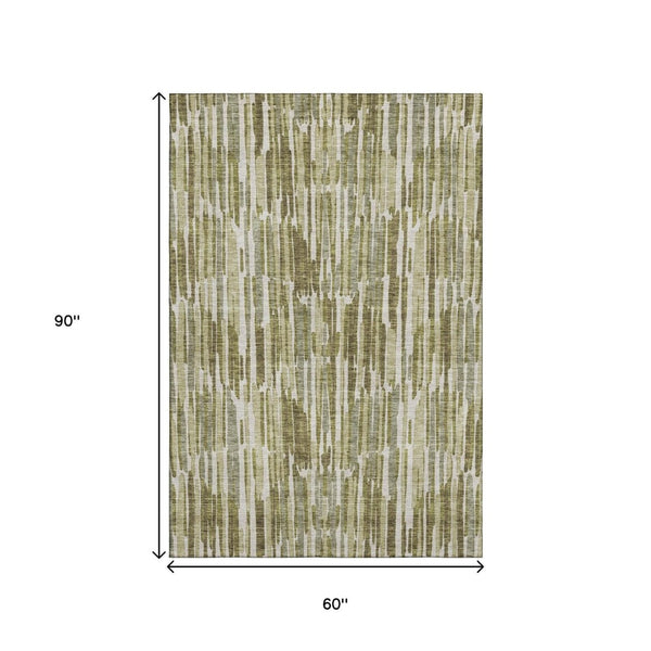 HomeRoots 5' X 8' Washable Olive Green, Brown & Ivory Abstract Area Rug with UV Protection for Busy Homes 662315