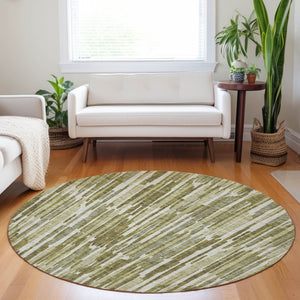 HomeRoots 8' Stylish Olive Green and Brown Abstract Washable Round Rug with UV Protection for Modern Spaces 662316