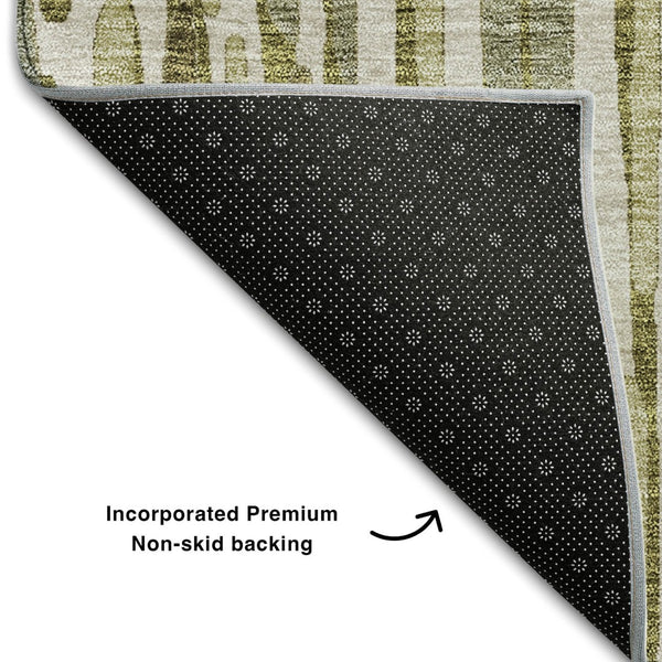 HomeRoots 8' Stylish Olive Green and Brown Abstract Washable Round Rug with UV Protection for Modern Spaces 662316