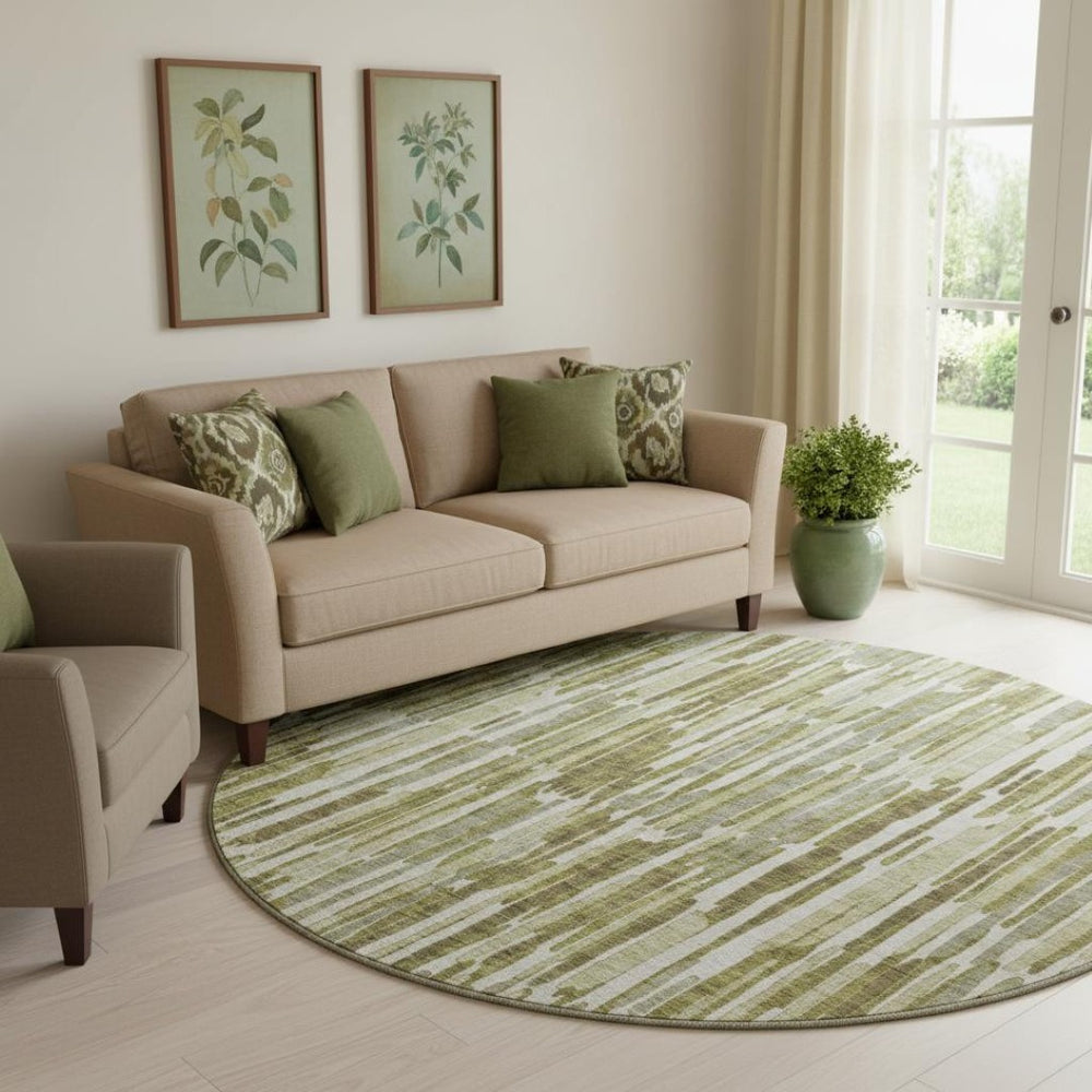 HomeRoots 8' Stylish Olive Green and Brown Abstract Washable Round Rug with UV Protection for Modern Spaces 662316