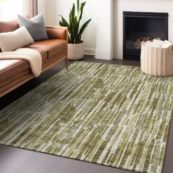 HomeRoots 8' X 10' Washable Olive Green, Brown & Ivory Abstract Area Rug with UV Protection for High Traffic Areas 662317