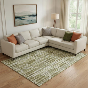 HomeRoots 9' X 12' Olive Green, Brown & Ivory Abstract Area Rug - Washable, UV Protected, Durable Design! 662318