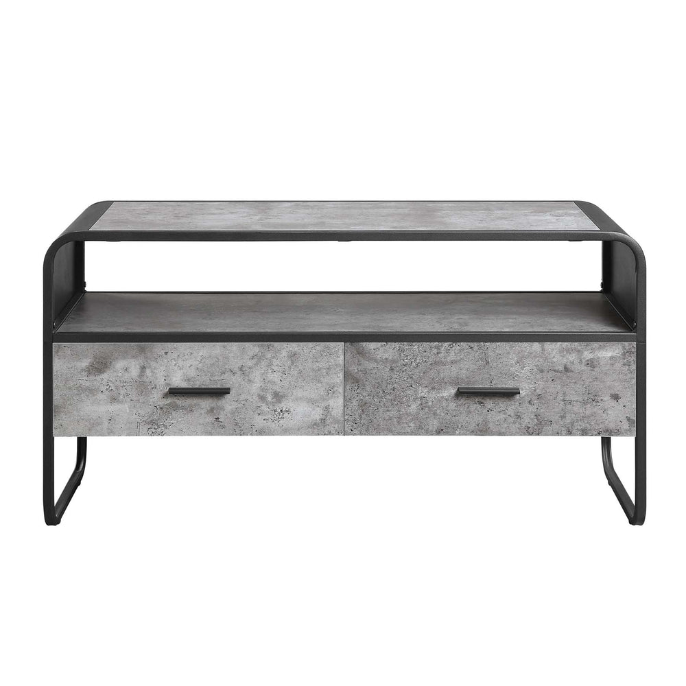 English Elm Metal Industrial TV Stand with Concrete Gray Shelves, Black Metal Frame, 2 Storage Drawers & Open Display Space B016P324158