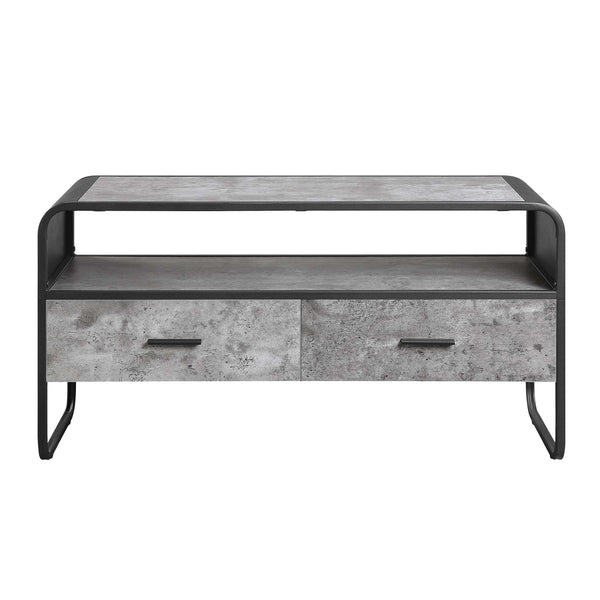 English Elm Metal Industrial TV Stand with Concrete Gray Shelves, Black Metal Frame, 2 Storage Drawers & Open Display Space B016P324158