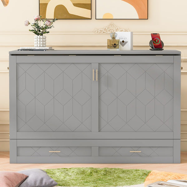 HomeRoots Gray Wood Full Murphy Bed with Built-In Drawers – Stylish Space-Saving Solution for Any Room 662350
