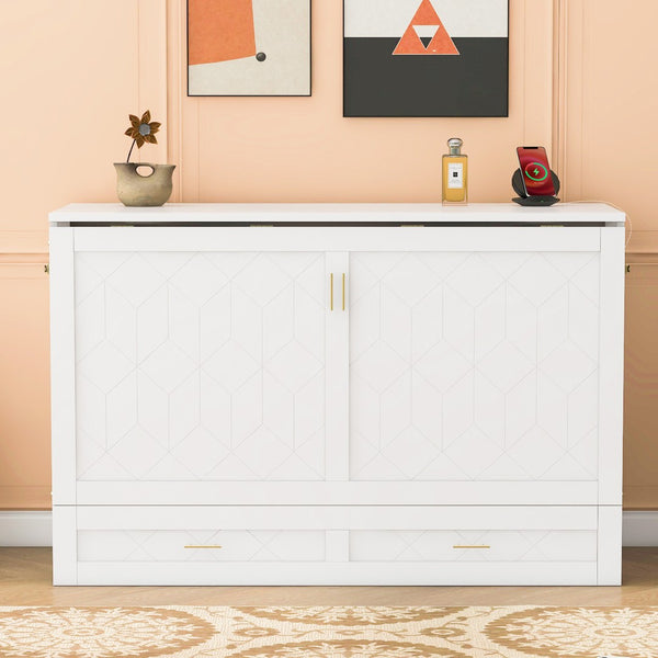 HomeRoots White Wood Full Murphy Bed with Integrated Drawers – Space-Saving Design for Modern Living Spaces 662351