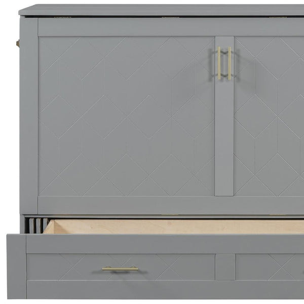 HomeRoots Gray Wood Queen Murphy Bed with Drawers - Stylish, Space-Saving Design for Modern Living Areas! 662352