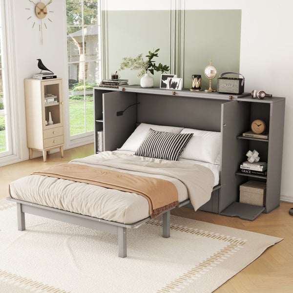 HomeRoots Gray Wood Full Murphy Bed with Stylish Cabinet Design – Space-Saving Elegance for Any Room! 662356